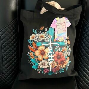 Black tote bag with handles.